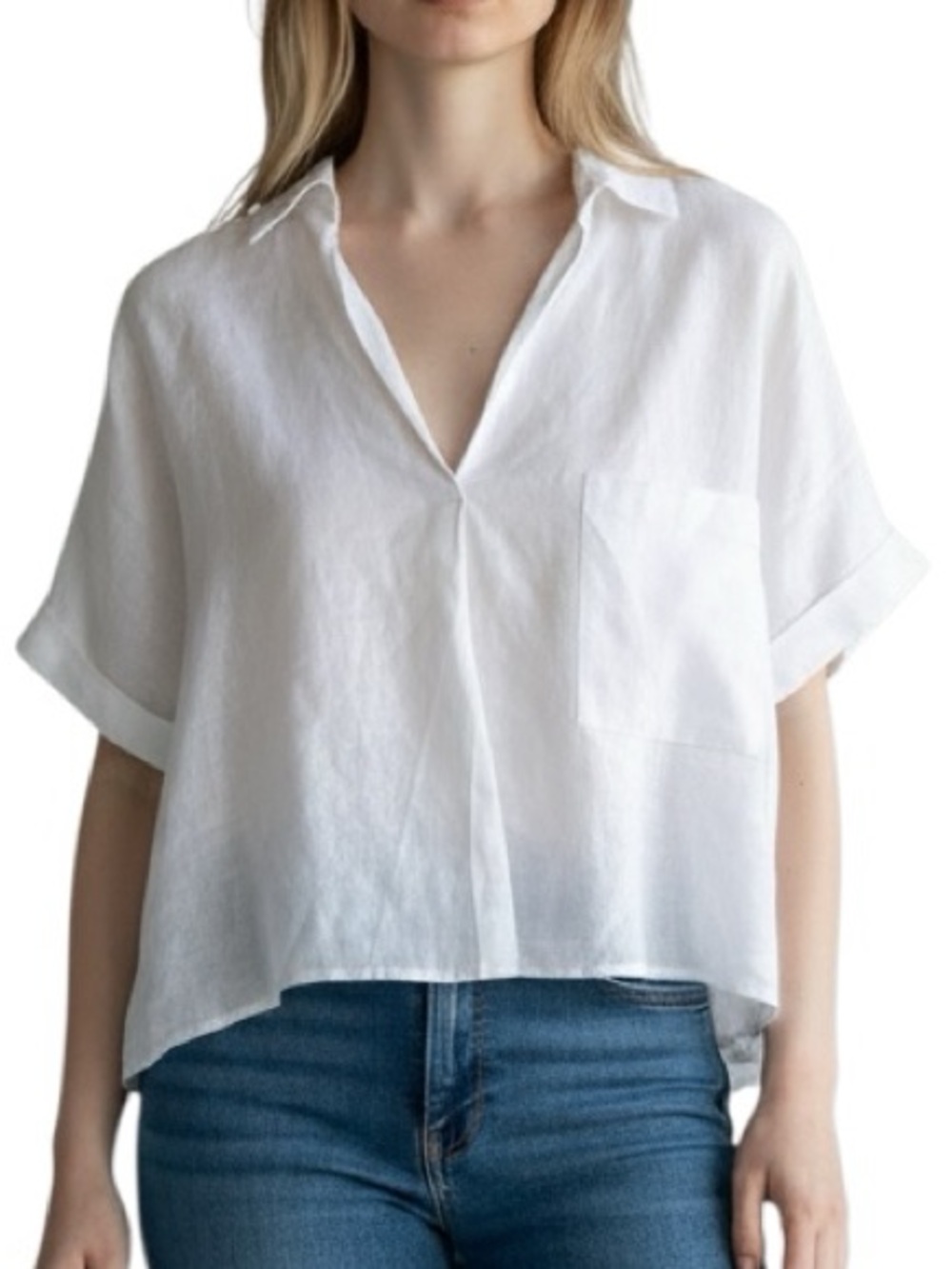 Warehouse linen boxy cropped short sleeve white blouse excellent condition